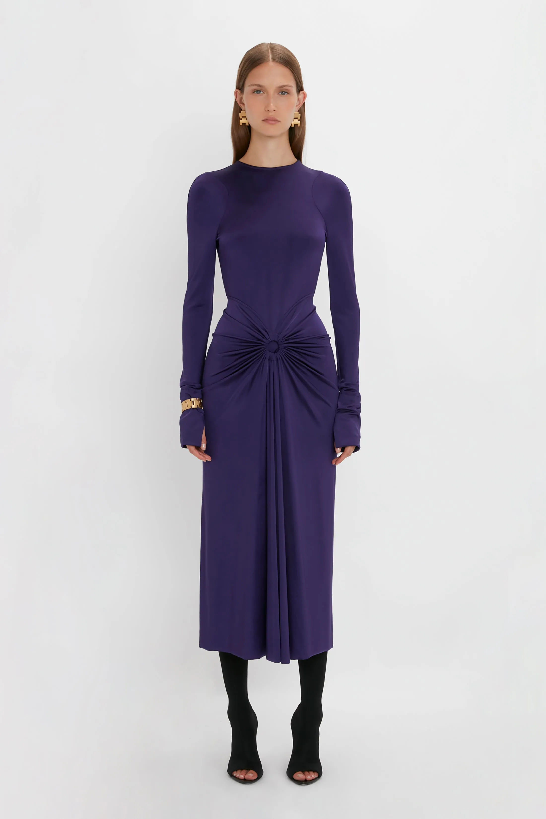 Long Sleeve Gathered Midi Dress In Ultraviolet