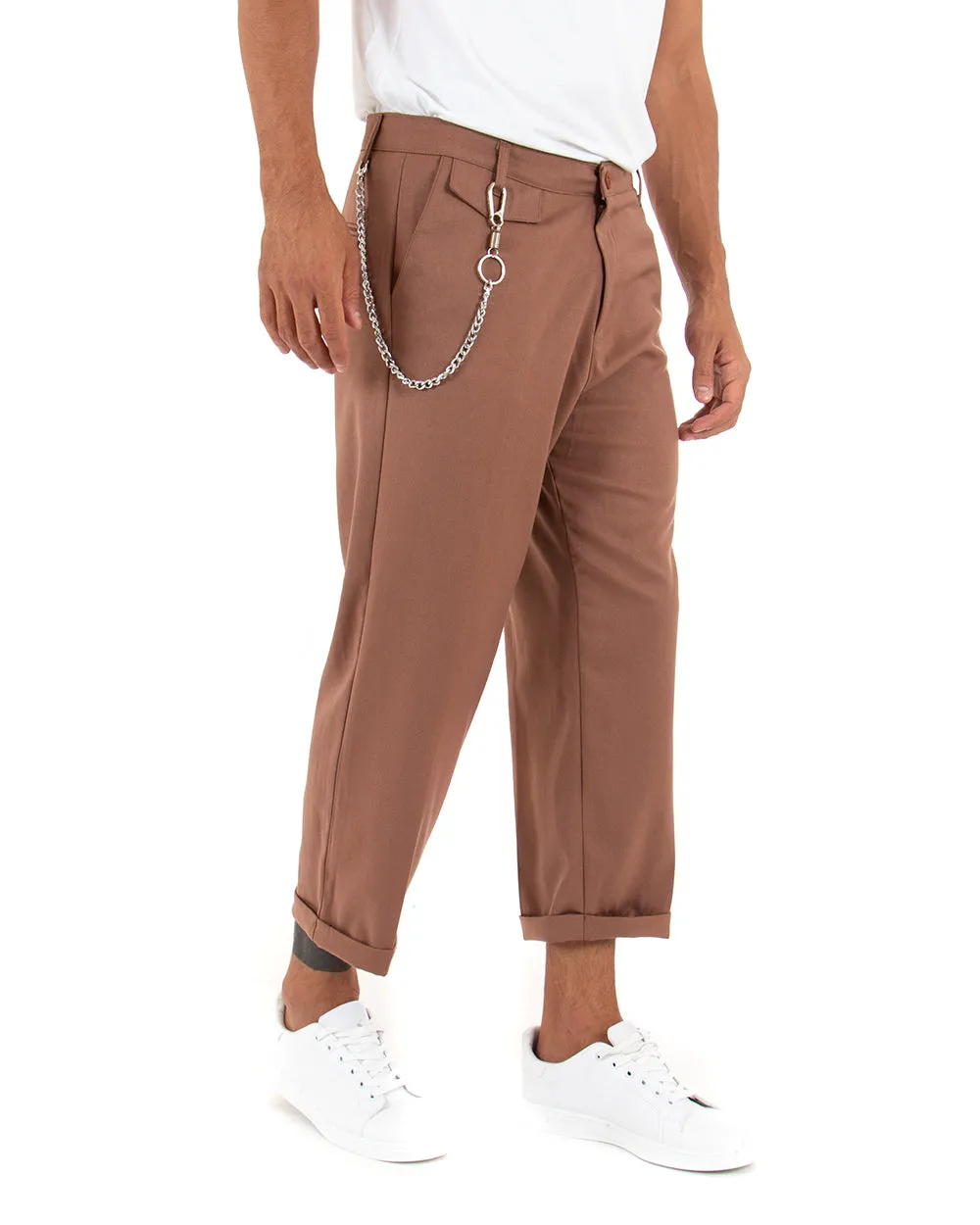 Pantaloni Uomo Tasca America Corto Ampio Boot Cut Taschino Tabacco GIOSAL-P5102A