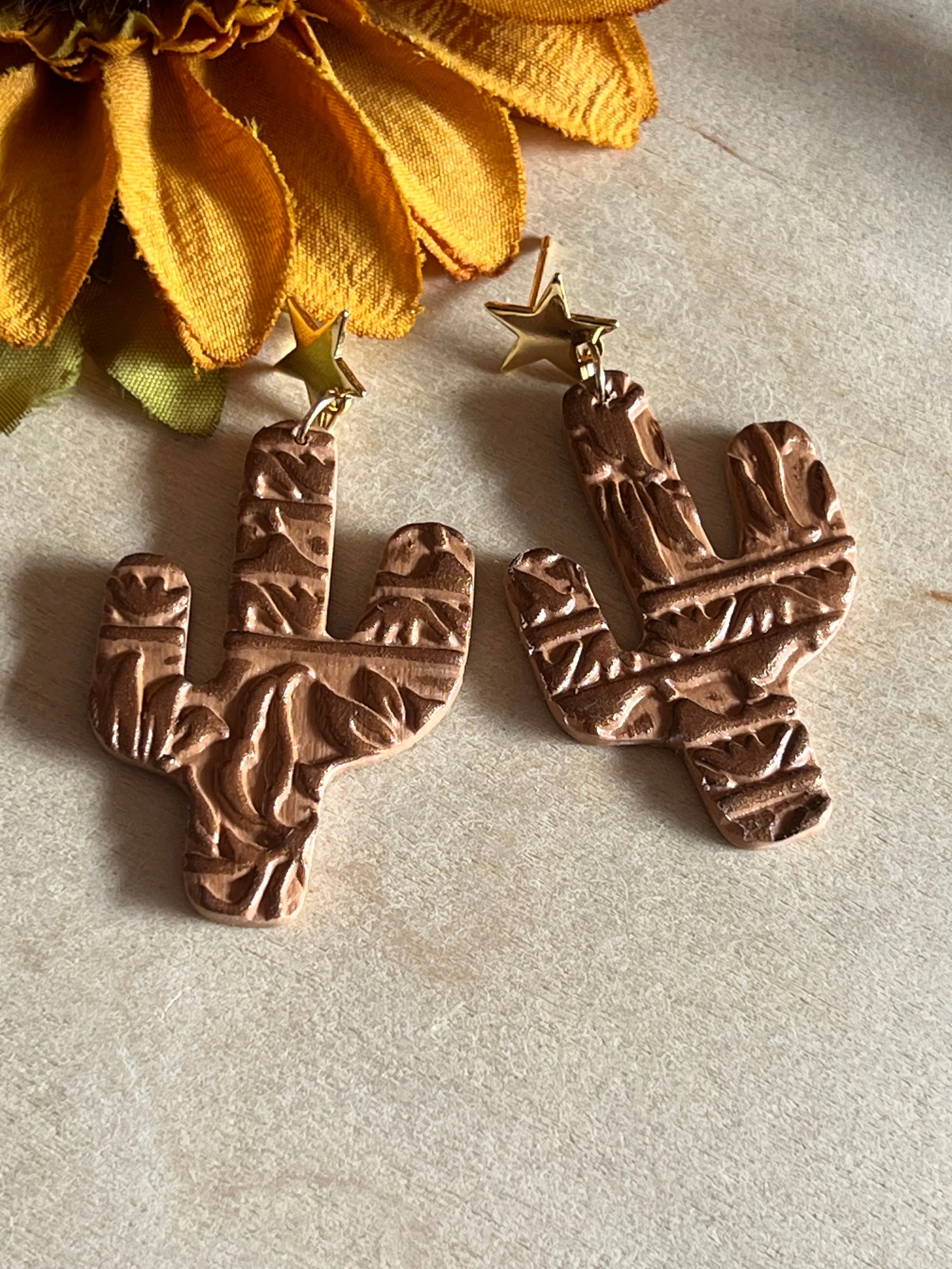 Textured Cactus Star Handmade Clay Earrings