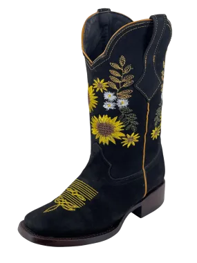 Women’s Multiple Sunflowers Black Nobuck Square Toe Rodeo Boot